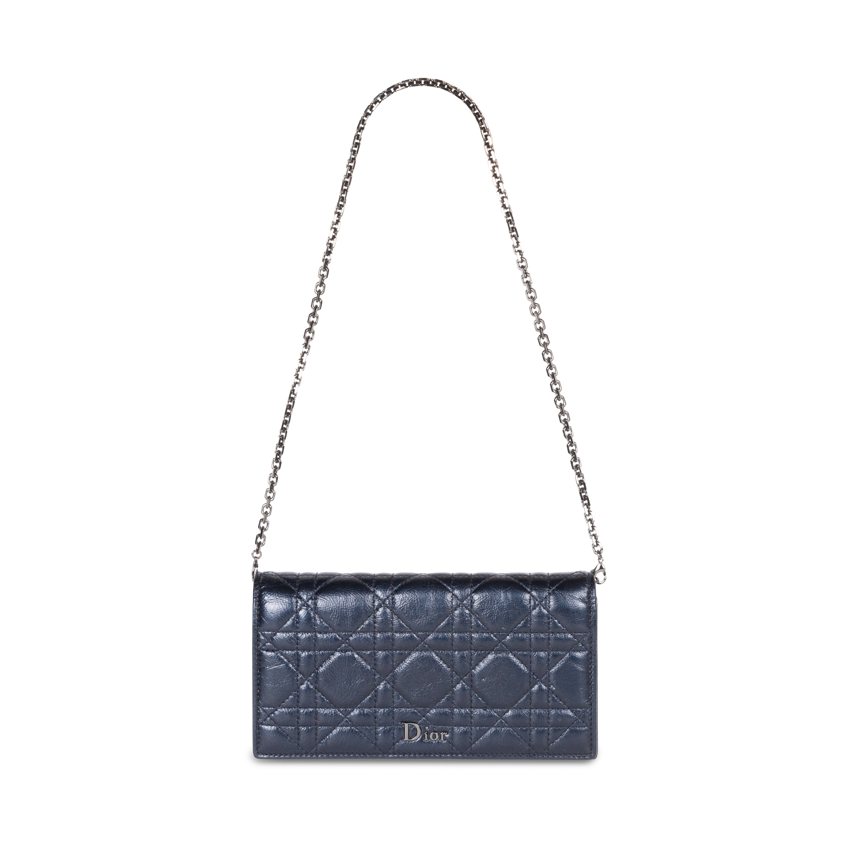 Something Borrowed Dior Midnight Blue Leather Lady Dior Wallet on Chain to rent, kledingverhuur