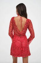 For Love & Lemons Gwendolyn Mini Dress in red sequin lace, size small. Features long sleeves, new with tags, and in beautiful condition. Ideal for parties with its head-turning sequin and beading details for a powerful look.