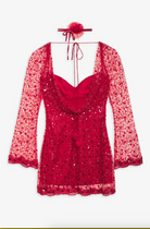 For Love & Lemons Gwendolyn Mini Dress in red sequin lace, size small. Features long sleeves, new with tags, and in beautiful condition. Ideal for parties with its head-turning sequin and beading details for a powerful look.