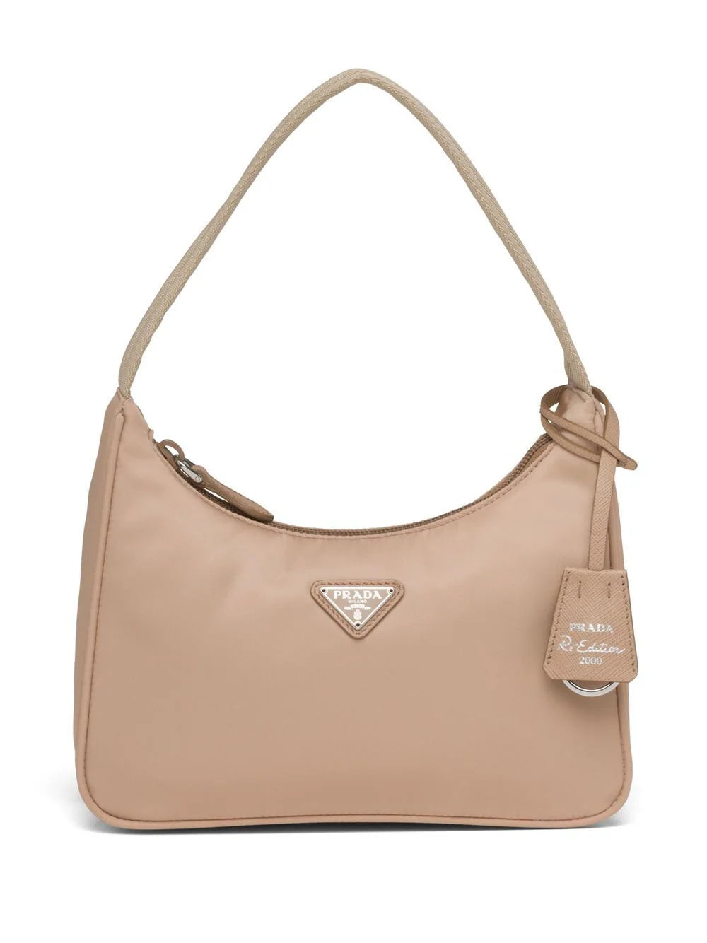 A stylish beige Prada Re-Edition Bag 2000 featuring the iconic triangular logo plaque, perfect for adding a touch of modern sophistication to any ensemble.