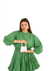 Something Borrowed Rhode Ella Print Green Mini Dress to rent, kledingverhuur. Nederland, Belgie, Antwerpen, Brussels