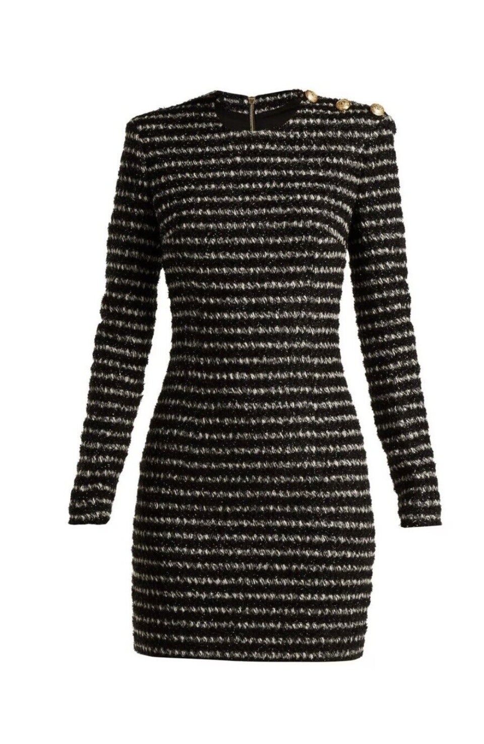Something Borrowed Balmain Long Sleeved Striped Tweed Dress in Black and White to rent - kledingverhuur Nederland, België