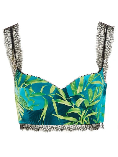 Versace Jungle Print Silk Bralette Top, featuring a vibrant jungle print on luxurious silk fabric. Perfect for making a statement. Available for rent.