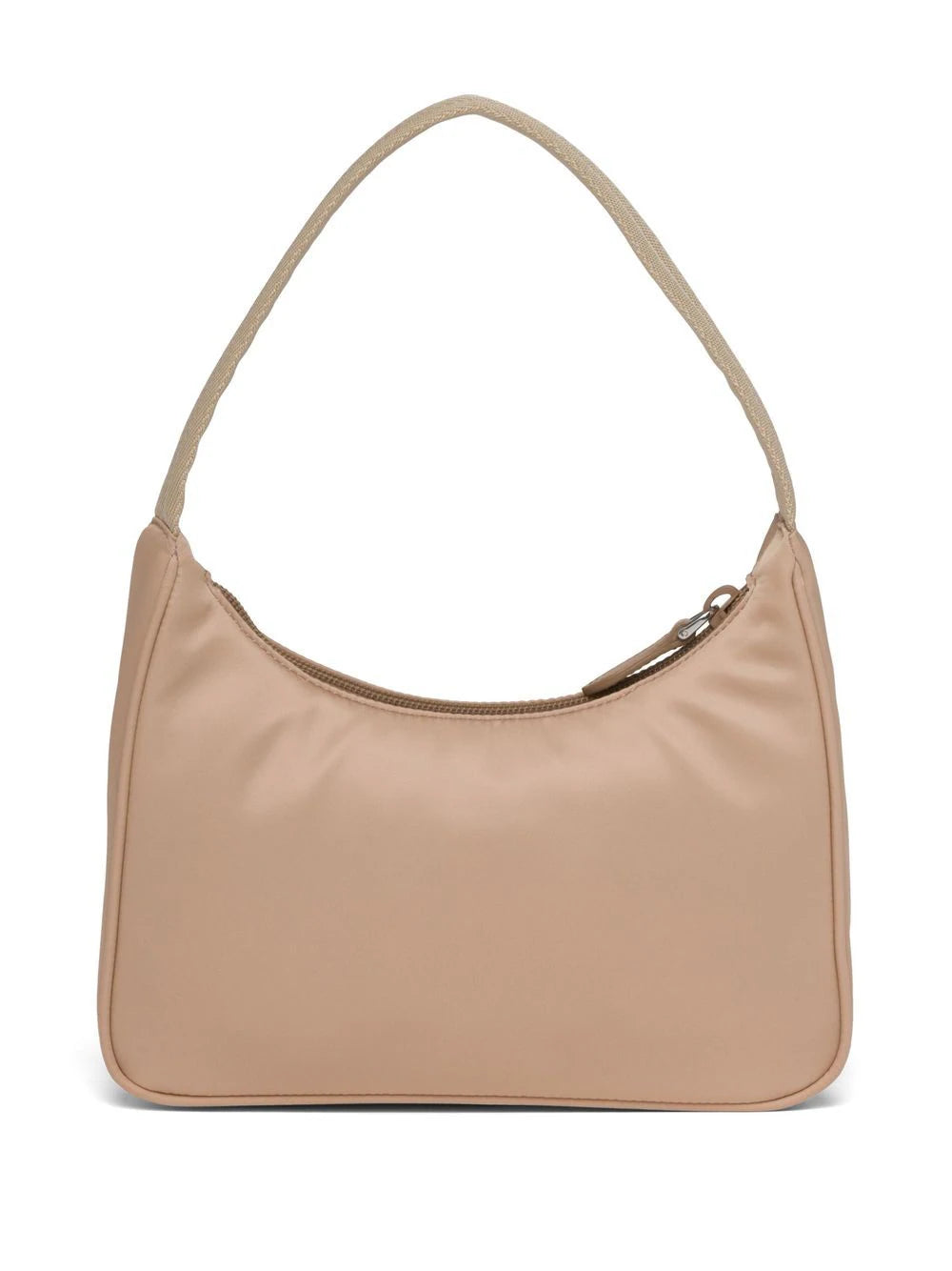 A stylish beige Prada Re-Edition Bag 2000 featuring the iconic triangular logo plaque, perfect for adding a touch of modern sophistication to any ensemble.