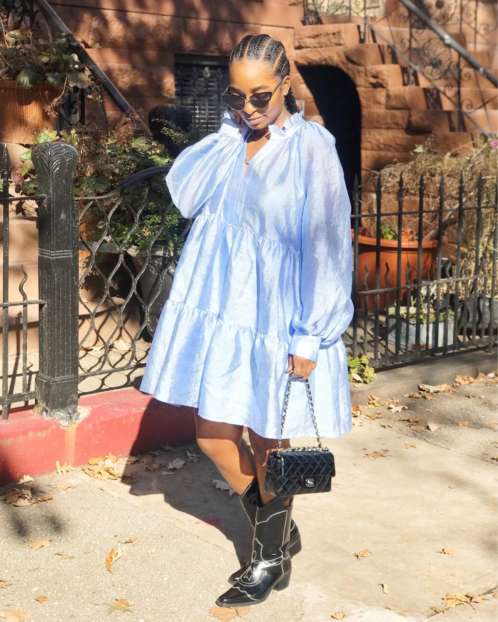 Stine Goya Jasmine Tiered Long-sleeve Shift Dress in Light Blue, available for rent. Features tiered layers and long sleeves in a soft light blue.