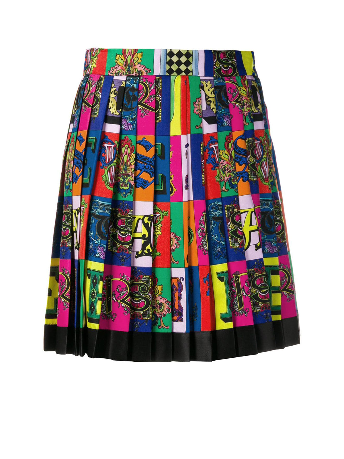 Rent for your upcoming holiday! Something Borrowed Versace Alphabet Print Pleated Silk Mini Skirt to rent, kledingverhuur